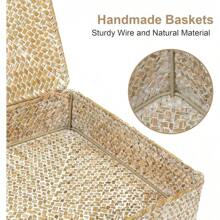 Set Of 2 Flat Seagrass Storage Bins With Lid Wicker Storage Baskets For Organizing, Woven Shelf Organizer Bins Home Utility Organizer Box For Home & Office Supplies