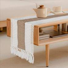 1pc Bohemian Style Table Runner, Elegant Cream And Brown Crochet Tassel Trim Table Runner, Handmade Farmhouse Lace Table Decor, Suitable For Home, Dining Room, Living Room, Bedroom, Party Decoration Birthday Decorations Party Decorations Bachelorette Wedding Summer Gifts Beach Back To School School Supplies Room Decor