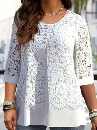 Plus Size Women's Floral Lace Round Neck 3/4 Sleeve Elegant Blouse