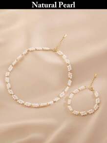 1 Set Fashionable Freshwater Pearl Necklace & Bracelet, Natural Flower-Shaped White Pearl Necklace And Bracelet, Stylish & Versatile, Daily Wear Or Gift - Necklace + Bracelet - View 2