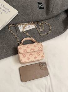 1pc Fashionable And Simple Printed Handbag, Letter Embossed All-Match Mini Handbag Small Square Bag, Change Lipstick Bag, Pu Material With Fashionable Chain Shoulder Strap, Magnetic Buckle Flap Opening And Closing, Suitable For Shopping, Daily Use, Fashionable And All-Match Square Bag Shape Handbag Crossbody Bag - PU Handbag - View 9