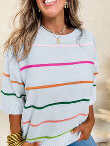 Fiyote Summer Multicolored Striped Dropped Shoulder 3/4 Sleeve Loose Casual Sweater - Baby Blue - View 3