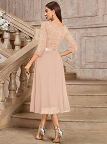 MIUSOL 优雅V领亮片花卉蕾丝荷叶边雪纺七分袖长款晚礼服 - 香檳色 - 查看 3