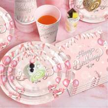 10 件/20 件粉色气球图案派对用品套装，包括一次性纸盘、杯子、餐巾，适用于生日派对、婚礼、洗礼、户外聚会和各种活动 - 彩色 - 查看 6