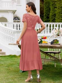 MIUSOL V-Neck Sequin Lace Contrast Chiffon Ruffle Trim Hem Elegant Evening Party Swing Dress - 藕粉色 - 查看 2