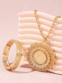 1 套中东风格镂空金属手链 + 双层吊坠项链，带人头图案，首饰套装 - 飾品套裝 - 查看 1