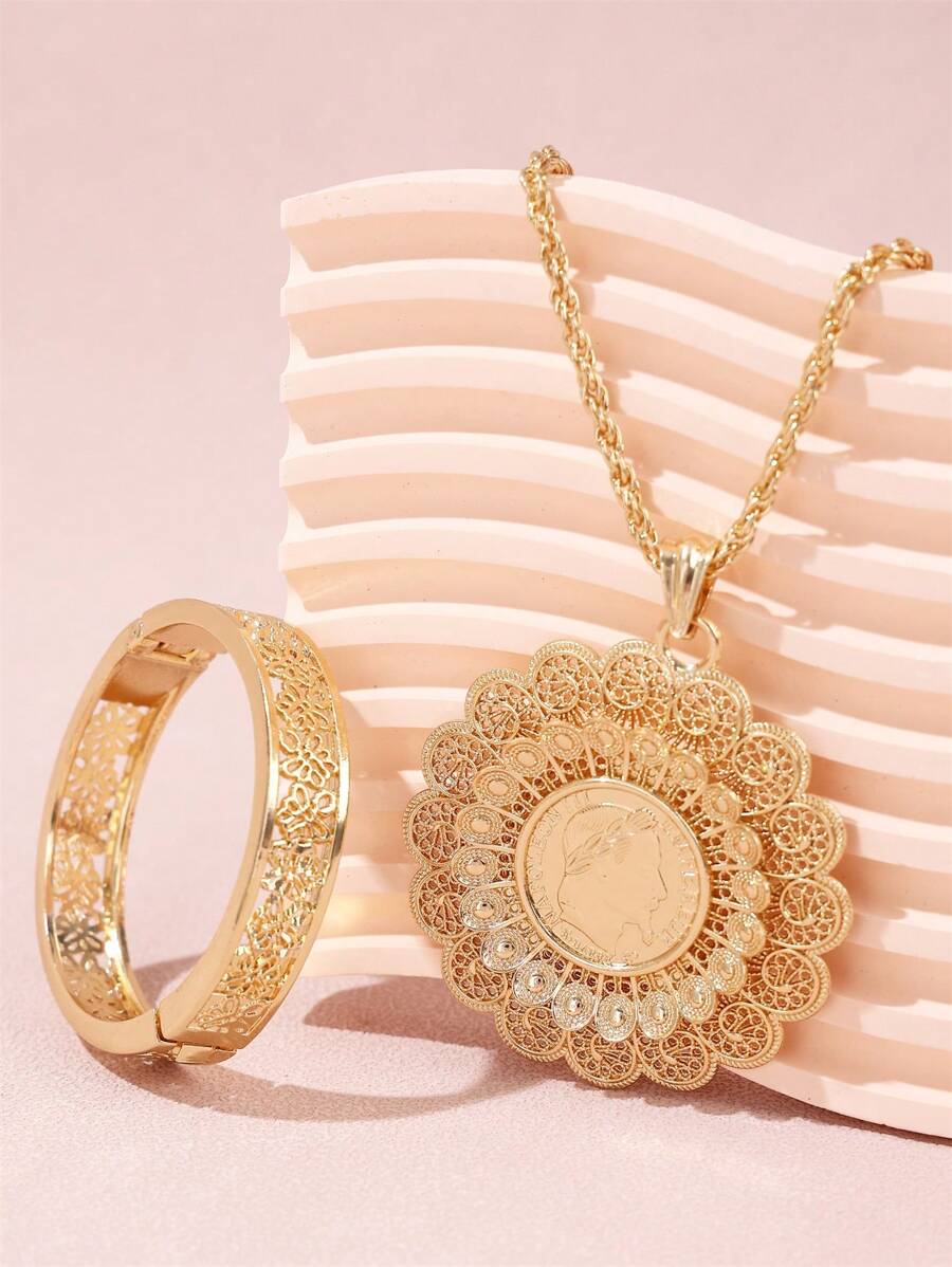 1 套中东风格镂空金属手链 + 双层吊坠项链，带人头图案，首饰套装 - 飾品套裝 - 查看 1