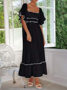 PoPoHouse Women's Dress Summer Vacation Casual Color Contrast Skirt With Ruffled Puffy Sleeves