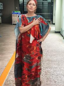 超大罩衫沙滩裙长袍，宽松防紫外线女式比基尼罩衫，带欧美印花性感风格沙滩配饰