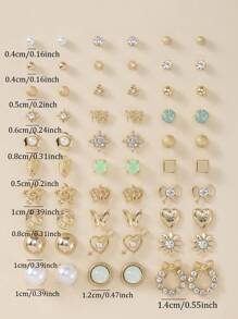 30pcs/Set Fashion Metal Butterfly, Letter, Heart, Flower, Bow, Rhinestone & Faux Pearl Earrings Jewelry For Women, Daily Use Multi-Piece Gift Set