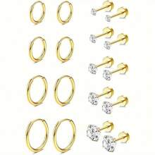 9 Pairs Of Stainless Steel Hypoallergenic 4 Pairs Of Hoop Earrings + 5 Pairs Of Studs Of Different Sizes, Suitable For Women's Daily Wear (Multi-Piece Set)