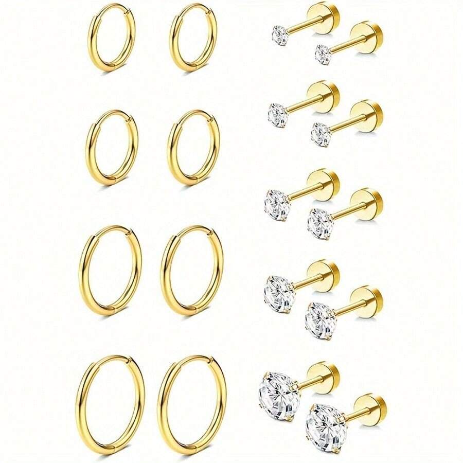 9 Pairs Of Stainless Steel Hypoallergenic 4 Pairs Of Hoop Earrings + 5 Pairs Of Studs Of Different Sizes, Suitable For Women's Daily Wear (Multi-Piece Set)