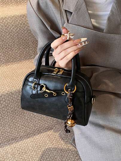 女士复古黑色手提包，手提保龄球包款式，新时尚，可调节肩带设计，休闲单肩斜挎包，结饰，适合手机和硬币，情人节礼物