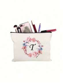 1pc Fashion Simple Printed Patchwork Youth Cosmetic Bag, White Small Bag, Peony Wreath Black Letters A-Z, Cosmetic Bag, Portable Toiletry Bag, Birthday Gift, Reusable Cosmetic Bag, Simple Large Capacity Travel Cosmetic Bag For Teenagers, Earphones, Accessories Storage, Coin Purse, Multifunctional Portable Youth Gift, Portable Leisure Storage Bag,