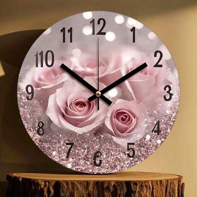20x20cm Pink Rose Glitter Wall Decor - Round Iron Sign With Elegant Pink Rose And Shiny Background, Suitable For Home, Cafe, Office Or Party Decoration, Unique Holiday Gift Idea, Rose Wall Art, Great For Room Decor, Not A Real Clock