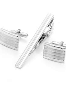 1 paar rechthoekige gebogen lasergestreepte klassieke zakelijke jurk manchetknopen (2 manchetknopen), cadeau voor volwassen mannen, Vaderdag, matte zilveren manchetknopen en stropdasclipset