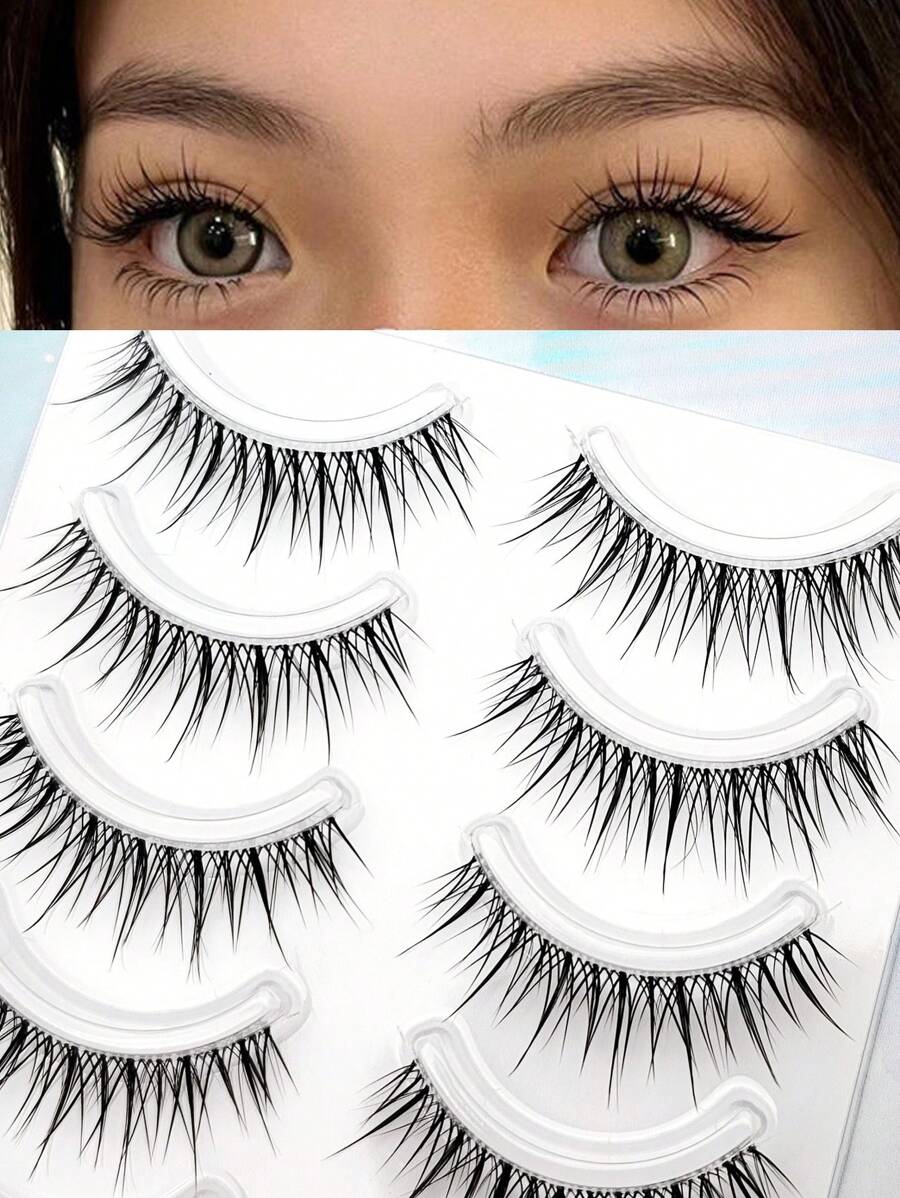 10 piezas/5 pares de pestañas postizas de lujo con estilo tailandés, pestañas postizas naturales y transparentes de tira completa, fibras sutiles de dibujos animados para principiantes, apariencia súper natural