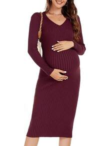 Vestido de maternidad de manga larga con cuello en V, tela elástico, ropa de embarazo para sesión de fotos, baby shower - Rojo vino - Ver 2