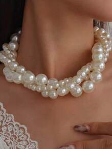 1pc European And American Minimalist Multi-Layered Necklace, Retro Elegant Exaggerated Faux Pearl Elegant Necklace Collarbone Chain