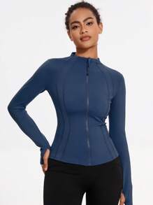 VUTRU Women's Fitted Sports Jacket With Thumb Hole Design And Stand Collar - Navy Blue - View 6