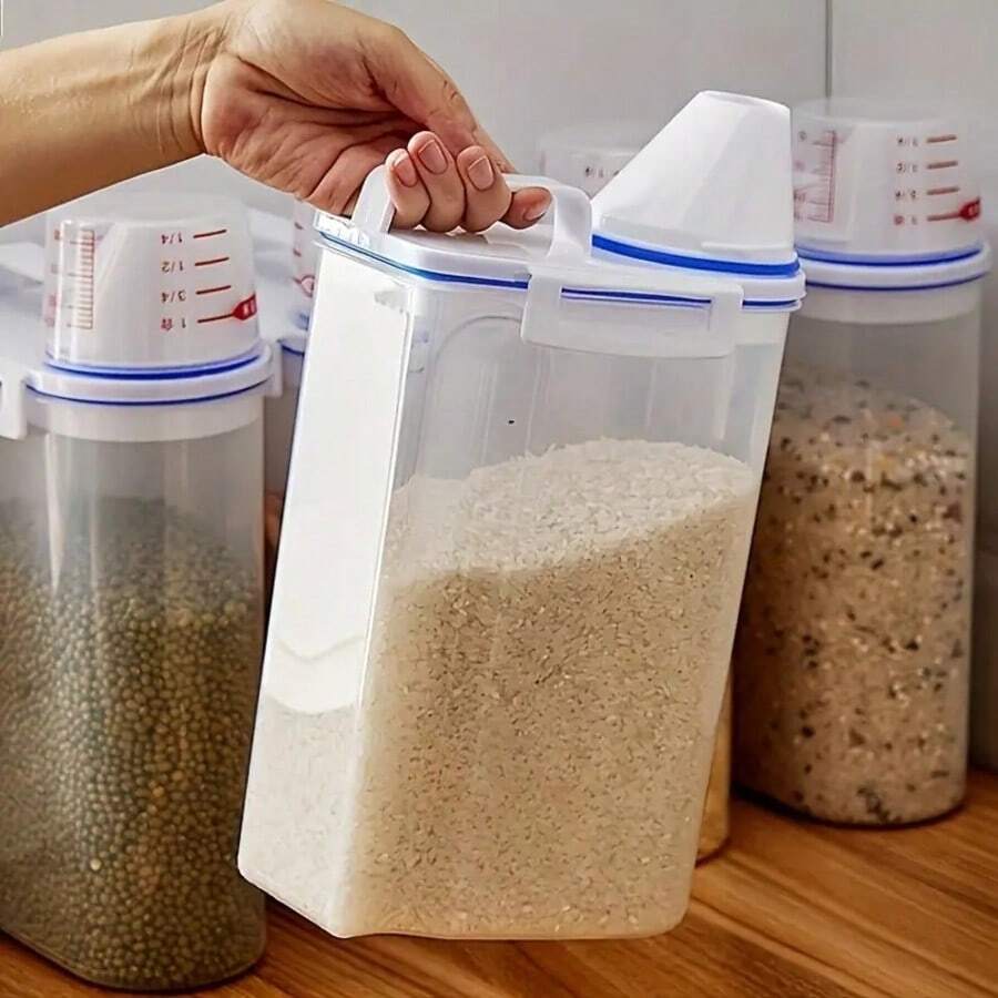 1 pieza Contenedor de almacenamiento de arroz hermético con taza medidora, caja de almacenamiento de granos de gran capacidad, recipiente sellado a prueba de humedad y plagas para arroz, cereales, harina, alimentos para mascotas, electrodoméstico de cocina del hogar