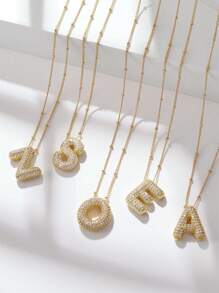 One Piece New Women's Stainless Steel Bubble Letter Necklace Shining Zirconia Rhinestone Letter 26 A-Z Exquisite Balloon Necklace