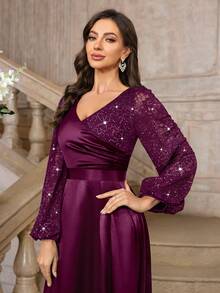 MIUSOL Sequin Floral Lace Colorblock Satin Lantern Sleeve Formal Party Maxi Dress, Suitable For Wedding Guest, Graduation Ceremony, Gala, Evening Gown Occasions - Maroon - View 10