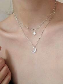 A New Style Of Stacking! Double-Layer Necklace Of Star And Moon Elements, Shining Stars And Diamond-Inlaid Crescent Pendant, Unlocking The Personalized Combination Of Sweet And Cool Girls - Silver - View 2