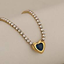 1 pieza Collar con colgante de corazón de acero inoxidable con circonita para mujeres, cadena clásica simple, colgante de ágata roja en forma de corazón, collar de clavícula elegante, joyería de celebridad de internet