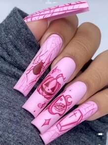 24 stuks nieuwe extra lange persnagels, inclusief roze spin, pompoen, rock punk-stijl, kistvorm, 1 nagelvijl en 1 gelei-gel, geschikt voor meisjes, dames, feesten, bruiloften, verjaardagen, dagelijks gebruik