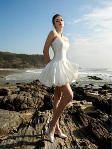 HEARBOBO New Year Chic Women Off Shoulder Satin Puff Skirt Sexy Sweet Mini Dress For Party, Bridal Shower