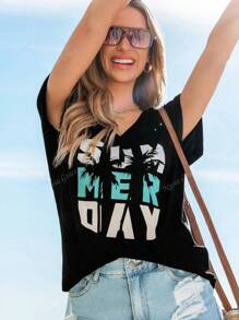 Women's West Coast Palm Tree Graphic T-Shirt, Black Casual Top, Loose Fit, Summer Holiday Travel Themed Tee, Vacation Beach Festival Lucky Daily Wear