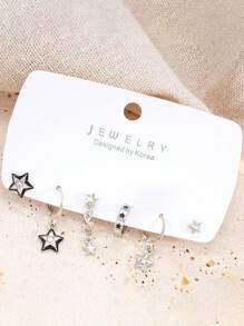 6pcs/Set Minimalist Style Black Alloy Cubic Zirconia Star Hoop Earrings & Stud Earrings Set For Women Party, Random Cardboard Included - Multicolor - View 3