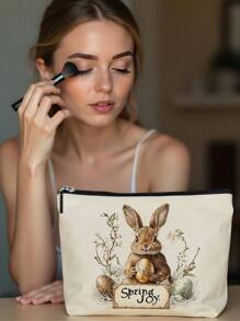 1pc Easter Bunny, Egg & Bow Letter Linen Print Cosmetic Bag, Adorable Travel Makeup Pouch & Multipurpose Coin Purse, Lightweight Gift Essential For Women