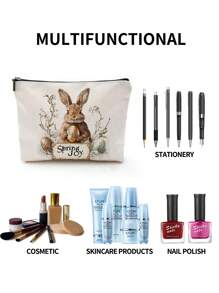 1pc Easter Bunny, Egg & Bow Letter Linen Print Cosmetic Bag, Adorable Travel Makeup Pouch & Multipurpose Coin Purse, Lightweight Gift Essential For Women