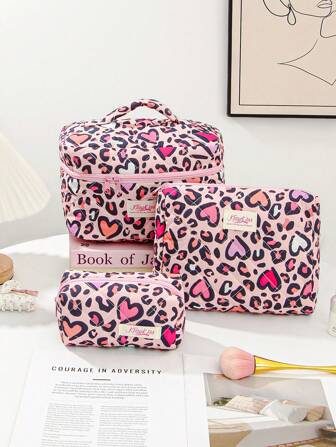 1 Pezzo Borsa Trucchi Con Stampa Leopardata Alla Moda Per Donna, Set Di Borse Cosmetiche Adatte Per Conservare Trucco, Palette Di Ombretti, Rossetti, Emulsioni, Struccanti. Borsa Organizer Per Il Trucco Con Plaid E Fiocco, Adatta Per Uscire E Viaggiare, Con Ampia Capacità E Manico