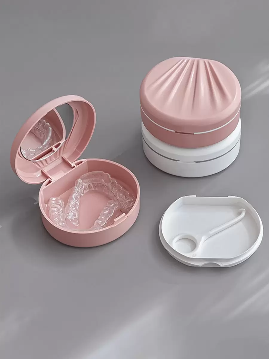 1pc Portable Denture Storage Case With Mirror - Dual-Layer Plastic Material, Suitable For Invisible Braces, Dentures, Orthodontic Appliances, Denture Soaking Box, Retainers, Convenient For Travel Cleaning, Includes Cleaning Brush. - Multicolor - View 1