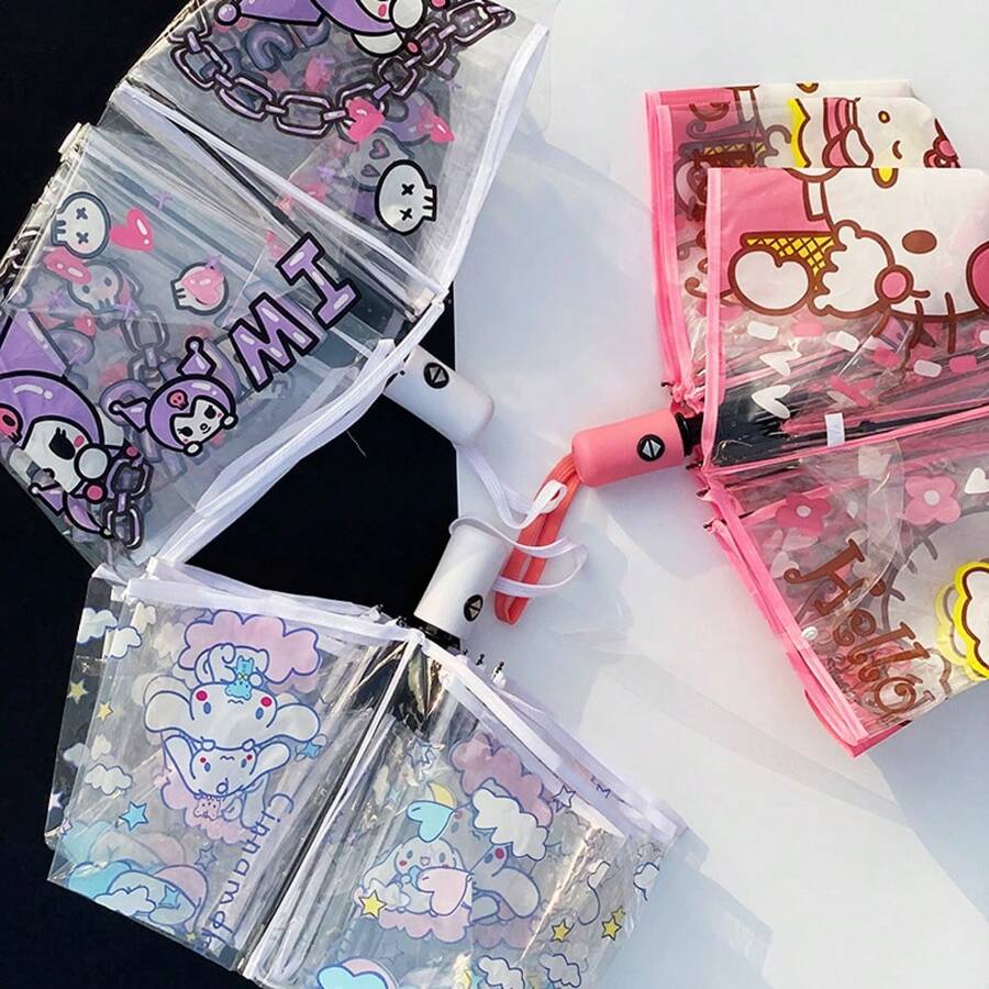 Sanrio 1 PIEZA Paraguas plegable transparente con diseño de dibujos animados lindos de Sanrio - 8 varillas, paraguas de viaje resistente al viento, fácil de abrir, compacto, con armazón de fibra resistente y toldo impermeable - Mochila, billetera, paraguas portátil de viaje