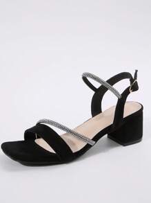 Women's New European & American Style Mid Heel Thick Heel Square Toe Silver Crystal Embellished Sandals, Elegant Sexy Open Toe, Soft Bottom Non-Slip, Comfortable Suede High Heels For Daily Commute, Versatile