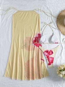 三件套女士浅黄色芙蓉花泳装，适合夏季从泳池边到海滩的各种场合，包括基础款优雅比基尼、花卉装饰罩衫、沙滩裙和度假泳装。 - 黃色 - 查看 4