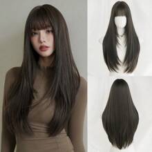 NAMM 女士亚麻棕色假发 长直发假发带刘海 自然柔软 高品质合成耐热纤维假发 适合女孩日常派对学校使用 28 英寸 - 亞麻棕 - 查看 10