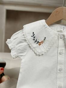 1 件女童白色衬衫 T 恤，女童幼儿休闲刺绣短袖纯色可爱洋气学院风上衣，夏季童装 - 白色 - 查看 5