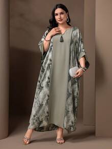 Plus Size Women's Random Print Elegant V-Neck Arabic Style Dress - Green - View 4