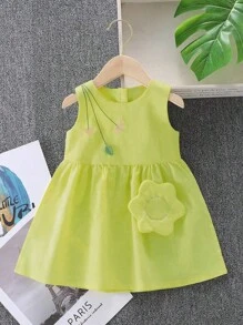 Young Girl 3D Floral Decor Sleeveless Summer Casual Dress - Yellow - View 1
