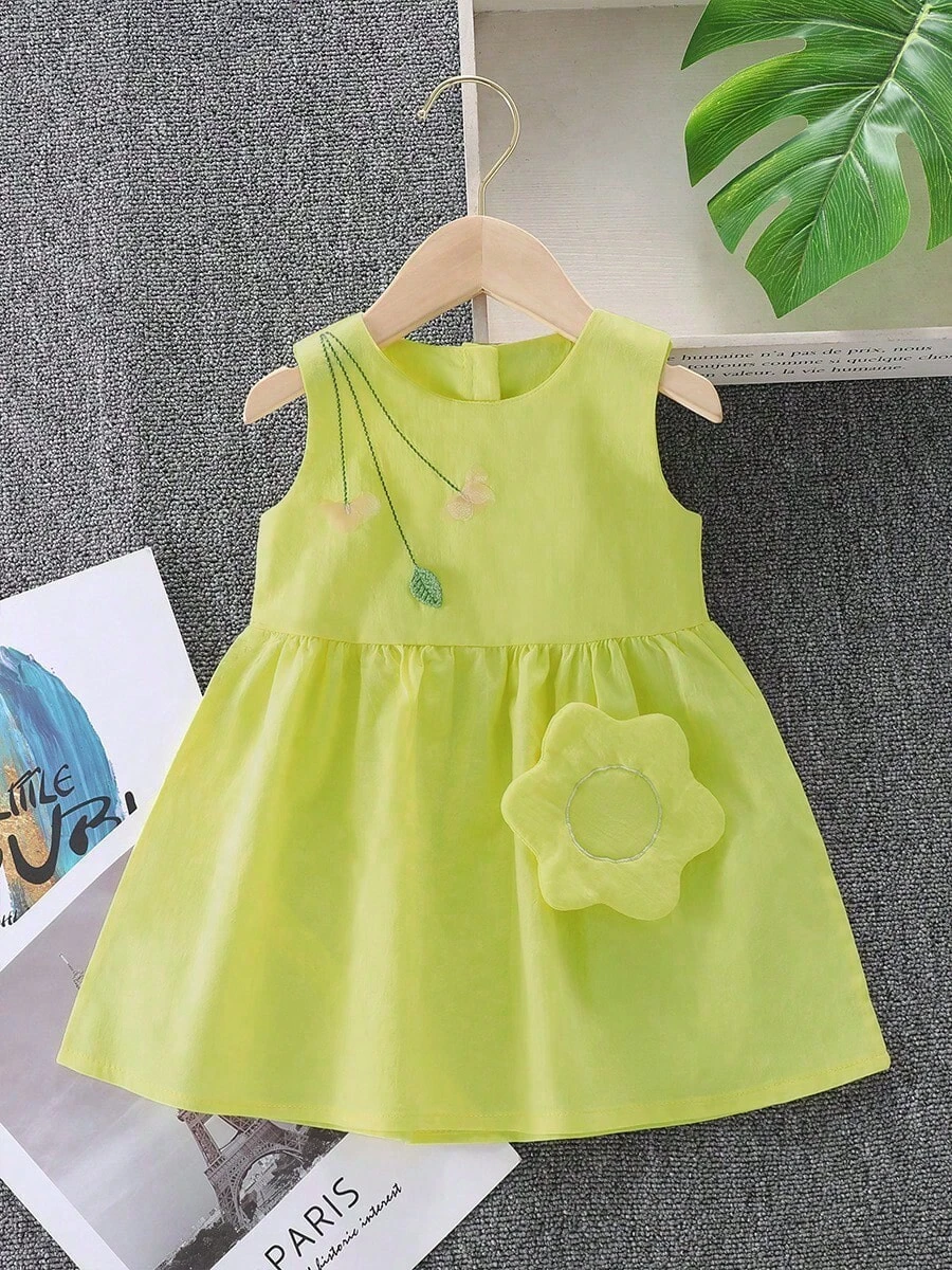 Young Girl 3D Floral Decor Sleeveless Summer Casual Dress - Yellow - View 1