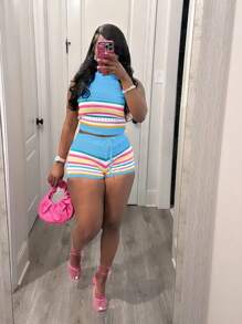 FOR BEAUTY 女士春夏季两件套服装，条纹拼色度假装，领带，修身针织毛衣，短款无袖上衣和臀部紧身女士短裤服装针织套装 - 藍色 - 查看 2