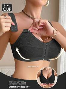 Women's Wireless Front Closure Lace Patchwork Comfort Bra - Black - View 5