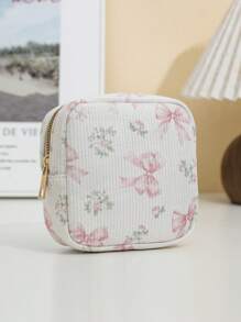 1 Piece Stylish Flower Print Bow Cherry Strawberry Print Wick Sanitary Napkin Storage Bag Mini Cosmetic Bag, Multifunctional Sanitary Napkin Storage Bag Small Square Bag, Small Cosmetic Travel Bag Toiletries Storage Bag For Women/Girls, Cute Zipper Bag Coin Purse College Style Suitable For School, Work, Travel, Cosmetic Bag, Cosmetic Bag, Skin Care Bag, Toiletry Bag, Packaging Box, Travel Supplies