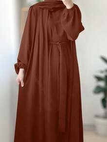 2pcs Women Solid Color Comfortable Casual Loose Cardigan + Sleeveless Robe Set, Arabic Abaya Robe With Belt - No Headscarf, Quick Ship - Coffee Brown - View 7