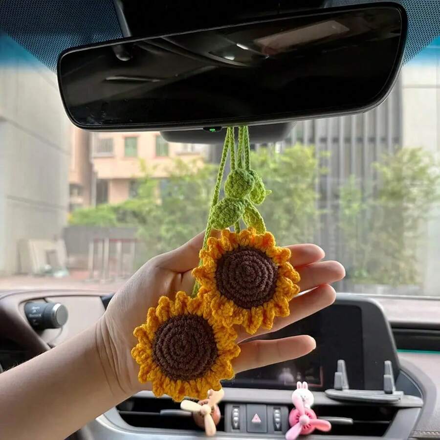 1pc Sunflower Car Mirrors Hanging Floral Crocheted Mirrors Decorated Car Accessories Lovely Handmade Gifts For Car Mirrors, Women's Handbags Pendant Keychains. Handmade Decoration, Sunflower Pendant, Perfect Car Gift. - Yellow Sunflower - View 1